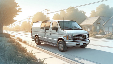 White van on the road. 3d render. High quality rendering