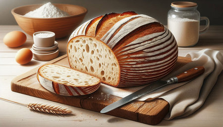 Composition with fresh bread and wheat on wooden table, closeup