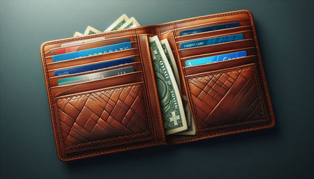 Brown leather wallet with banknotes and credit cards on a dark background
