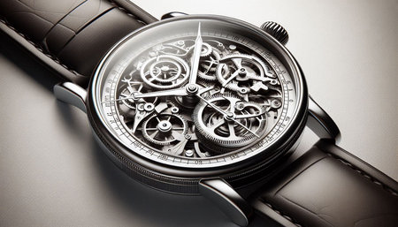 Wristwatch close-up with black dial and metal bracelet.