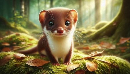 Funny weasel in the forest. 3d rendering. Computer digital drawing.