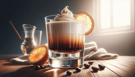 Coffee cocktail with cream and orange on wooden table. 3d rendering