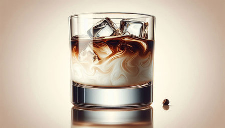 Glass of whiskey with ice cubes and coffee beans on a light background.