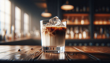 Coffee in a glass with ice cubes on a wooden table
