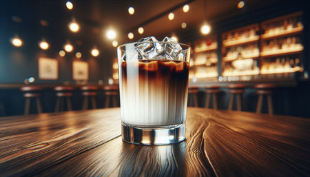 Coffee in a glass with ice cubes on a wooden table