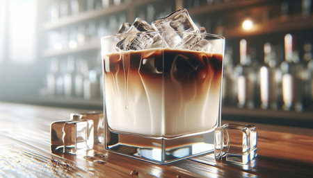 Iced coffee in a glass with ice cubes on a bar counter