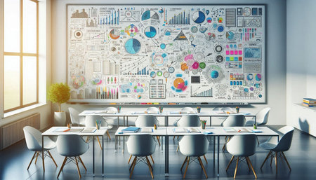 Interior of modern conference room with white walls, concrete floor, long white table with gray...