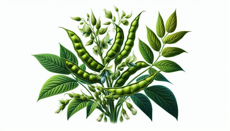 Illustration of fresh green peas with leaves isolated on white background.