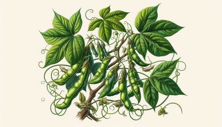 Soybean plant with pods and leaves, vintage engraved illustration.
