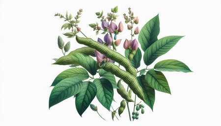 Branch with flowers and leaves. Watercolor illustration. Hand drawn.