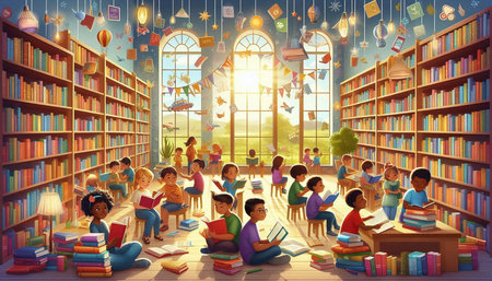 Children reading books in the library. Illustration for children education concept.