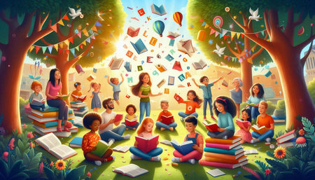 Group of children reading books in the park. Education and knowledge concept.