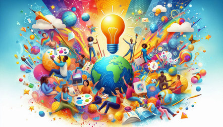 Group of people with books and light bulb on colorful abstract background.
