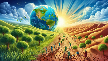 Earth in the desert with people and trees. 3d illustration.