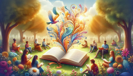 Open fairy tale book in the forest with flying birds and flowers.