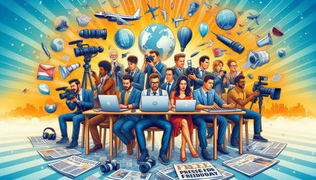 Conceptual image of a group of business people sitting at a table and working on the laptop.