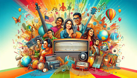 Diverse group of people with musical instruments and radio on colorful background