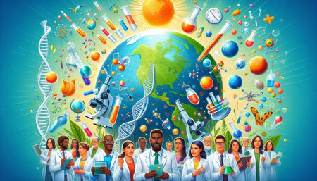 Group of scientists around the globe. Concept of scientific research and development.