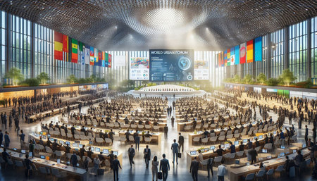 Conference hall with large screen and many people in the meeting room