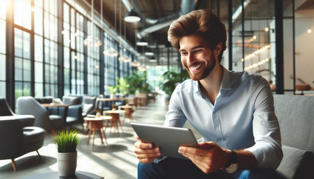 Portrait of a smiling young man using digital tablet while sitting in cafe
