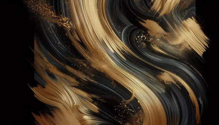 Abstract gold paint splashes on black background. Fantasy fractal texture. Digital art. 3D...