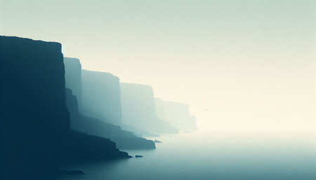 Beautiful seascape with high cliffs in fog. Toned.