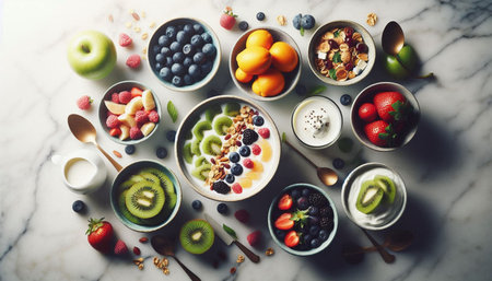 Healthy breakfast bowls with fresh berries and yogurtle table, top view