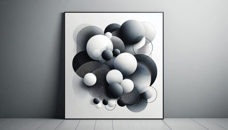 3d rendering abstract composition with black and white spheres in empty room