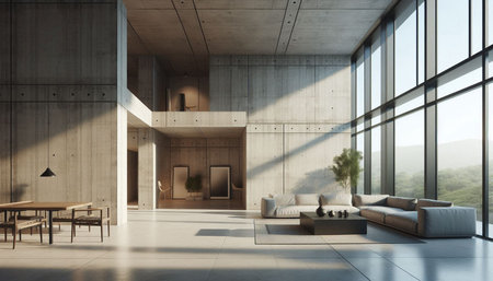 Interior of modern living room with wooden walls, tiled floor, panoramic windows and comfortable...