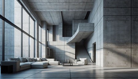 Interior of modern living room with gray walls, concrete floor, white sofa and armchair. 3d...