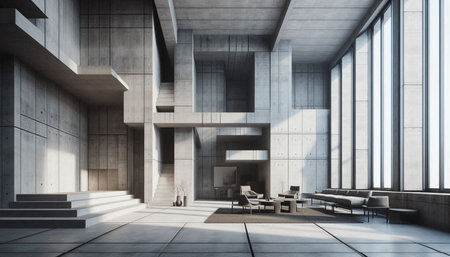 Interior of modern office with concrete walls and floor. 3d rendering