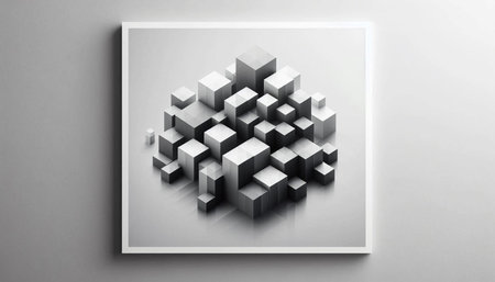 3D rendering of abstract cubes in white frame on grey background.