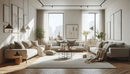 Living room interior with sofa, coffee table and plants. 3D Rendering