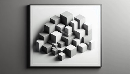 3d rendering of abstract geometric shapes in white frame on grey background