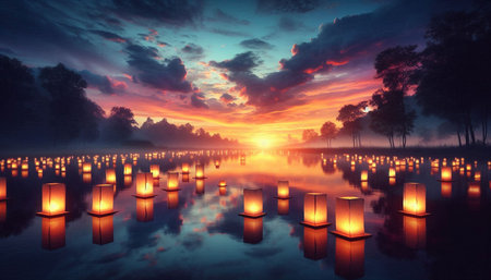 Lanterns on the lake at sunrise. 3D rendering