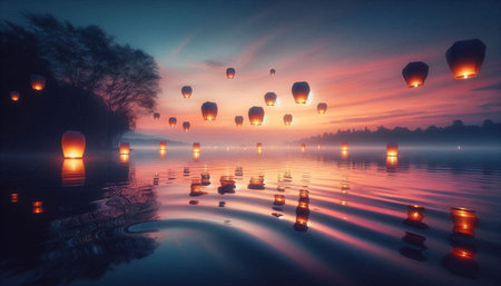 Hot air balloons flying over the lake at sunrise. Conceptual image