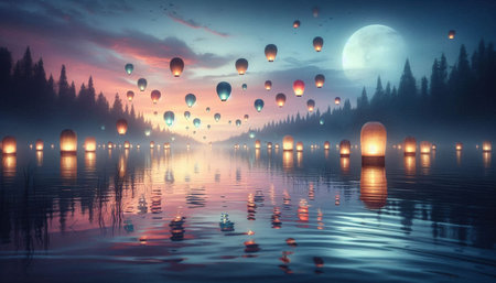 Fantasy landscape with hot air balloons flying over the lake at night