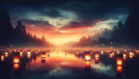 Colorful of red lanterns in the lake with fog background.