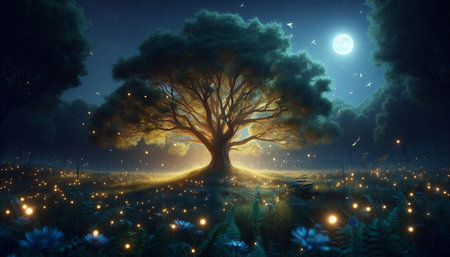 Fantasy landscape with big tree and full moon. 3d illustration