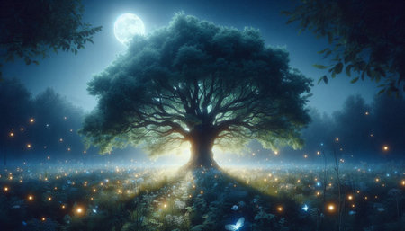 Mystical tree in the forest at night. 3D renderingの写真素材
