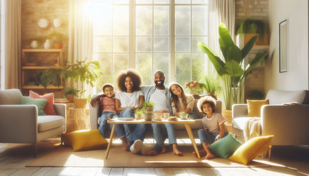 Happy family with two children sitting on sofa and drinking coffee at home
