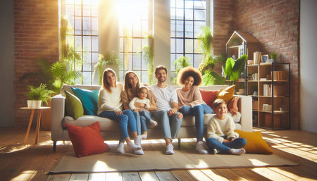 Happy family sitting on sofa at home. Mother, father and children having fun together.