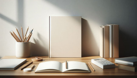 Close up of wooden desktop with blank notepad, stationery and copy space. Mock up