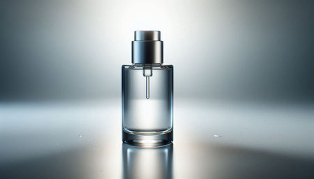 bottle of perfume on a white background with reflection, close up