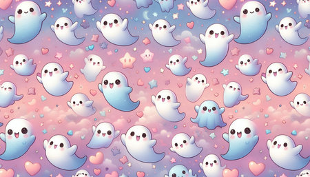 Seamless pattern with cute ghosts and hearts. Vector illustration.