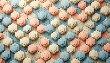 3d rendering of abstract geometric hexagon pattern background in mixed colors
