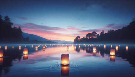 Beautiful sunset on the lake in the morning with a lot of candles