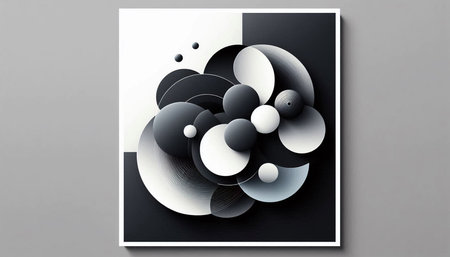 Abstract composition with black and white circles on a gray background. Vector illustration.