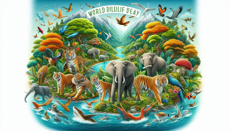 Fantasy world with animals and birds. Illustration for children.