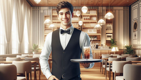Handsome young waiter holding a tray with a glass of coffee